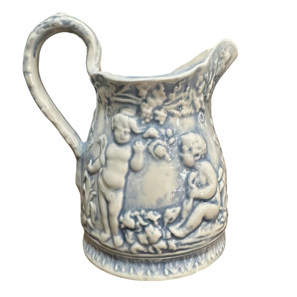 Vintage 70s Cherub Angel Celestial Blue White Ceramic Pitcher Vase Victorian